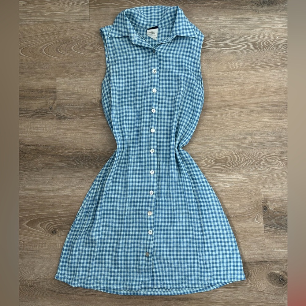 Vintage 80s Light Blue Gingham Sleeveless Button Down Mini Dress